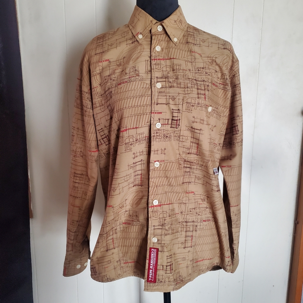 Pepe Jeans London Mens Button Down Shirt Beige With Black And Red Graphic Size L